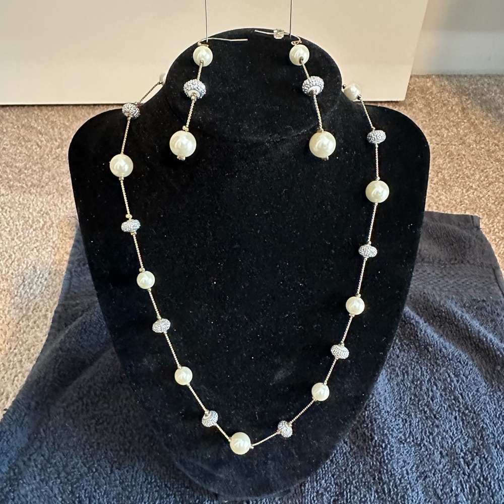 + Charming Charlie Silver Strand Pearls and Rhinestone Necklace & Earrings Set